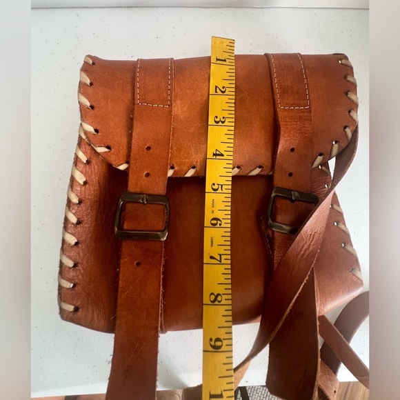 Vintage Handmade Leather Satchel Bag Cognac Brown Whipstitch Double Buckle Strap - Picture 5 of 8